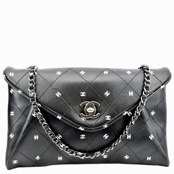 CHANEL  CC Envelope Printed Lambskin Leather Chain Clutch Bag Black - Picture 1 of 13